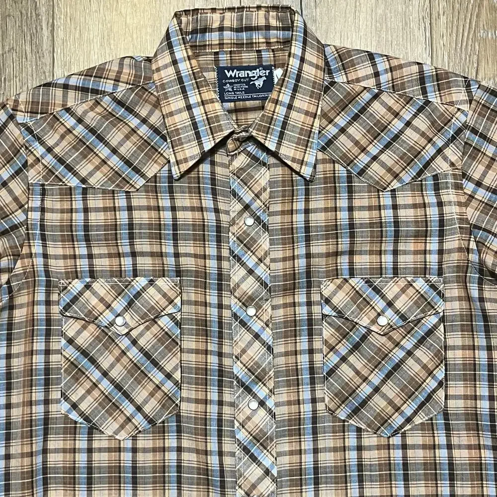 VTG 70s Wrangler Cowboy Cut Long Tails 15.5-36 USA Made Pearl Snap Single Needle - Picture 2 of 7